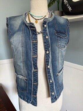 Distressed Denim Vest with Pearl buttons